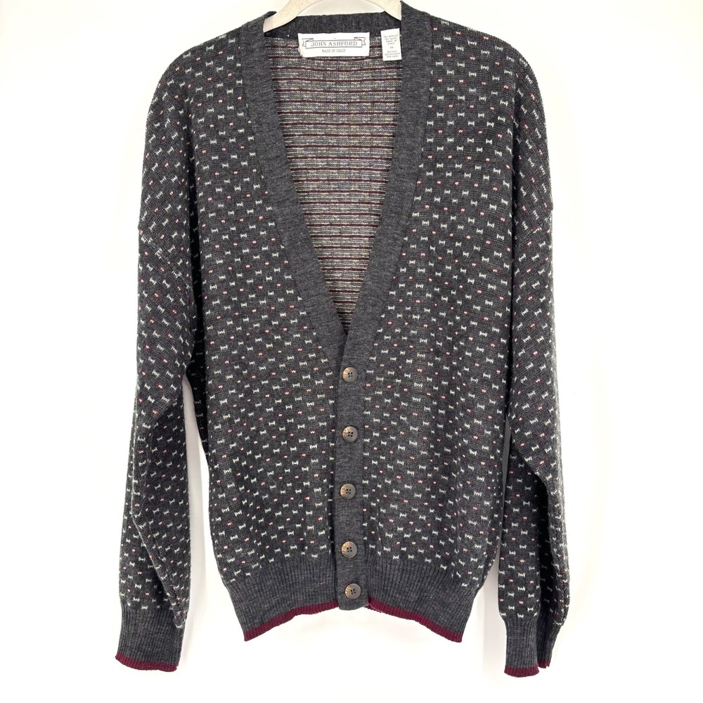 Vintage 90s Fair Isle Wool Blend Cardigan Sz M‎ Gray Red Grandpa Dad Sweater